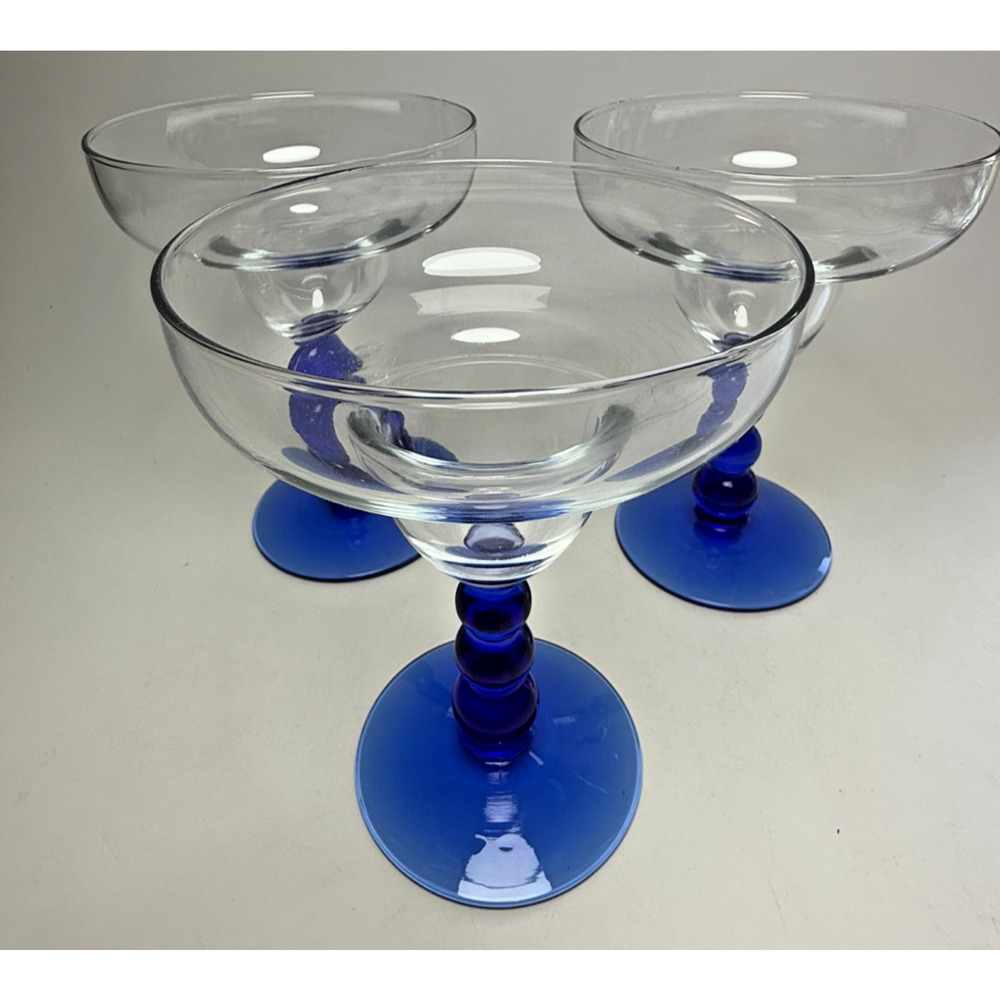 Libbey Metropolis Cobalt Blue Set of 3 Margarita Glasses Bubble Stem Barware Bar